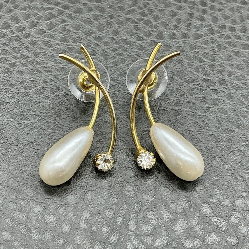 Gold Tone Teardrop Faux‎ Pearl Rhinestone Dangle Drop Earrings Womens Costume